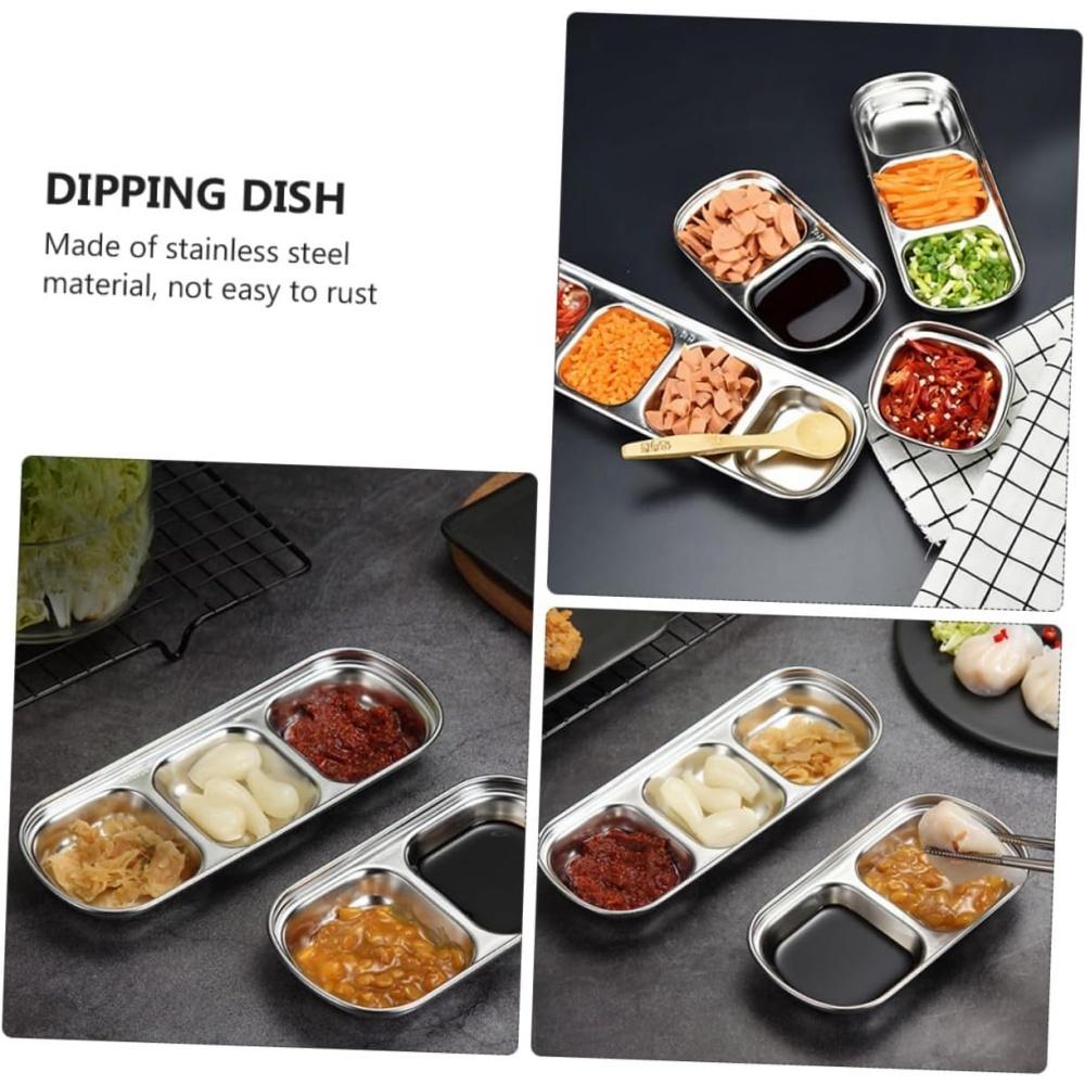 Stainless Steel Divided Dip Bowls Sauce Plate Seasoning Dipping Condiment Tray for BBQ Vinegar Spice Ketchup Salt Sugar Flavor
