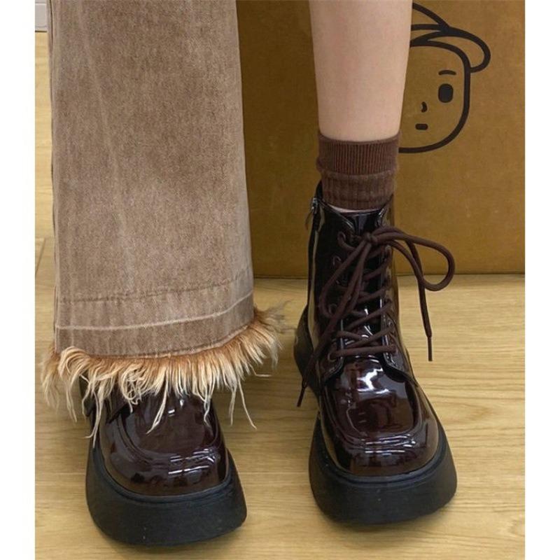 Versatile muffin shoes platform soft leather big head short boots lace-up patent leather Martin boots