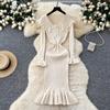 French Retro Doll Collar Flared Sleeve Slim Dress Women's Autumn Waist and Thin Temperament Ruffle Edge Knitted Dress