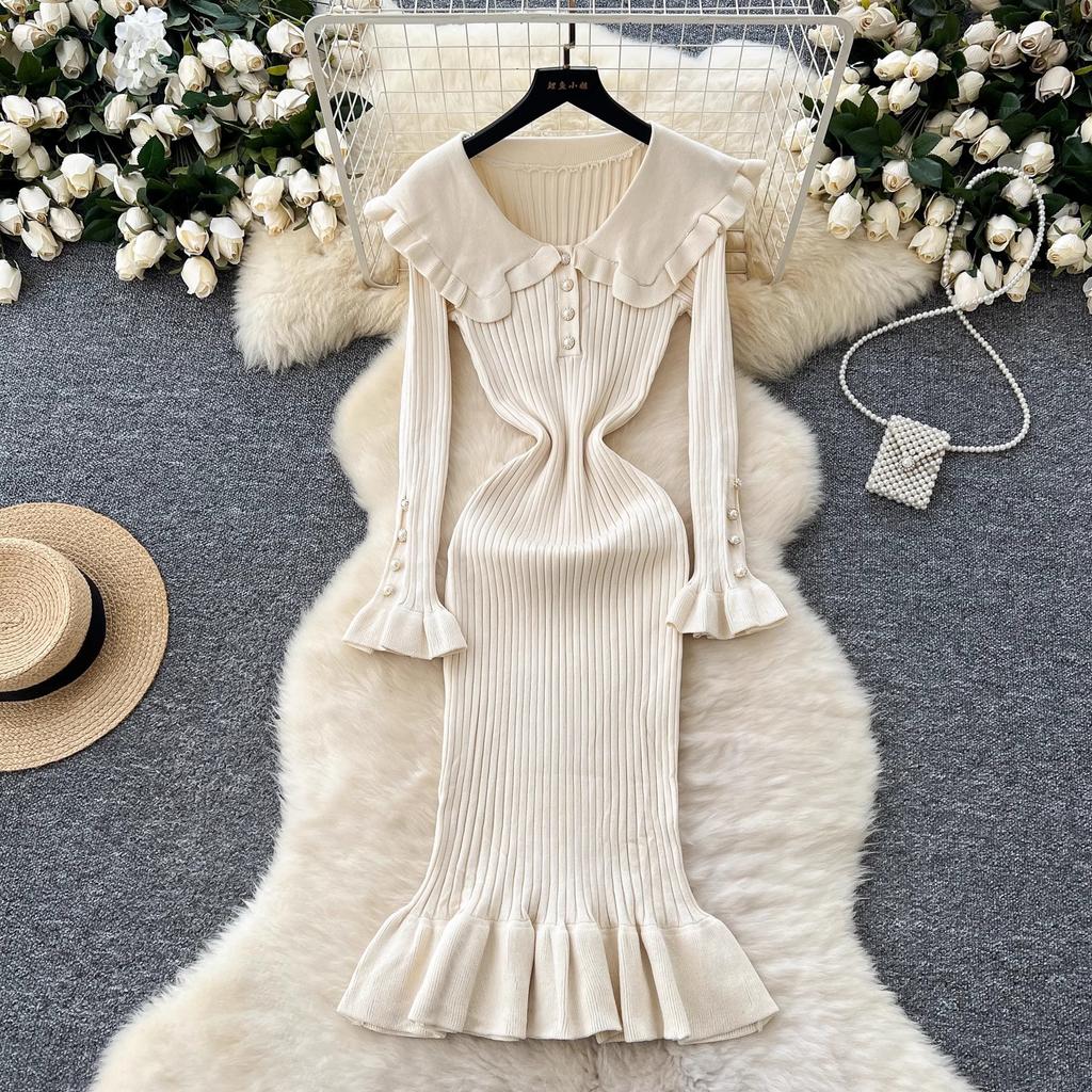 French Retro Doll Collar Flared Sleeve Slim Dress Women's Autumn Waist and Thin Temperament Ruffle Edge Knitted Dress