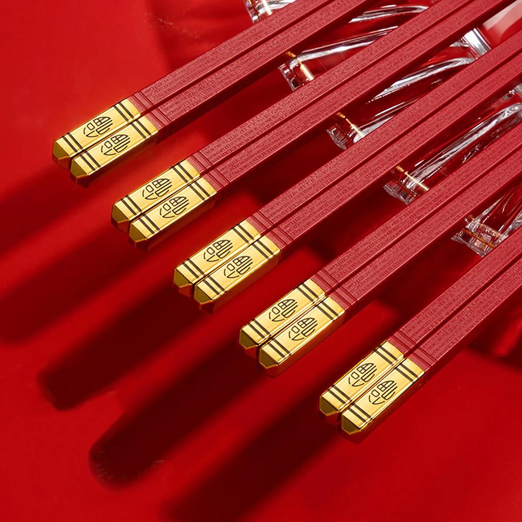 5Pairs Red Festival Chopsticks Set Anti Slip Sushi Chopstick Durable Chinese Style Alloy Chopsticks Easy To Clean Reusable