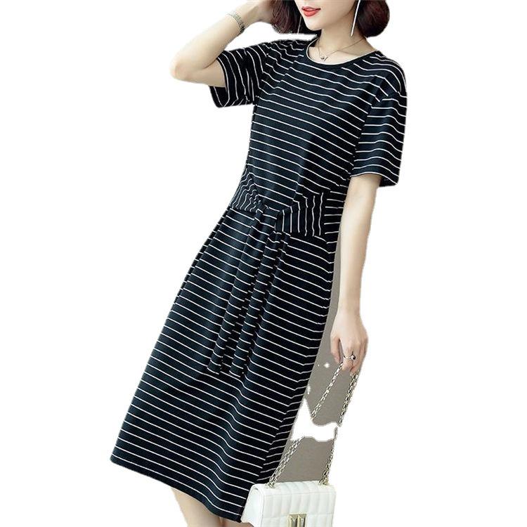 Southeast Asia Plus Size Mid-Length Striped Short Sleeve Waist-Cinching Dress, Korean Style 2026