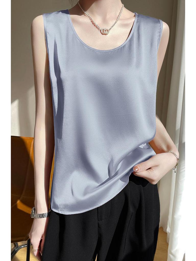 Women's Sleeveless Summer Silk Camisole - Loose Fit, Round Neck, Mulberry Silk Base Layer Top