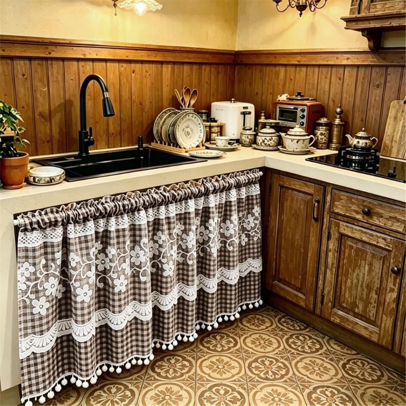 Kitchen Short Curtain Panel with Rod Pocket, Light Filtering Polyester and Gingham Trim for Bath and Cabinet Use