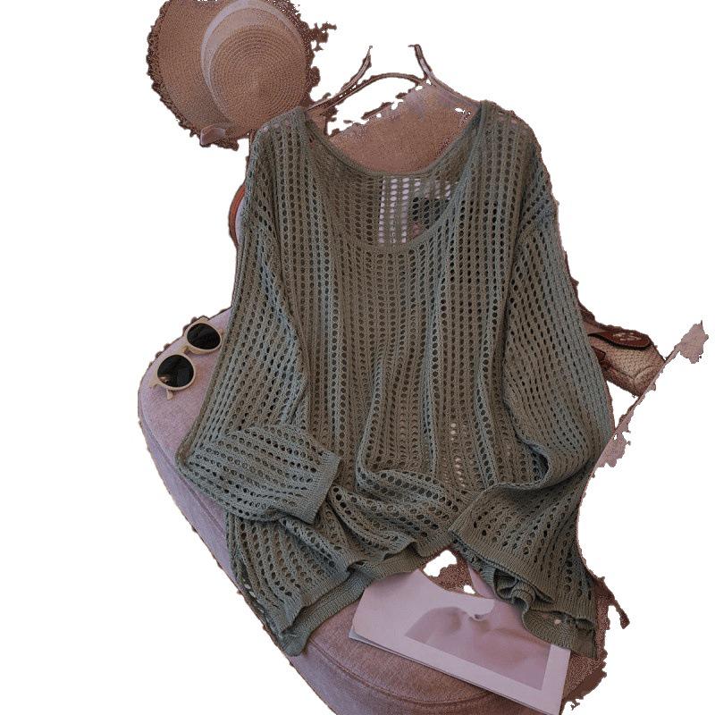 Women's Hollow Knit Summer Cardigan - Loose, Slimming, Sun Protection, Round Neck, Long Sleeve, Versatile Top.