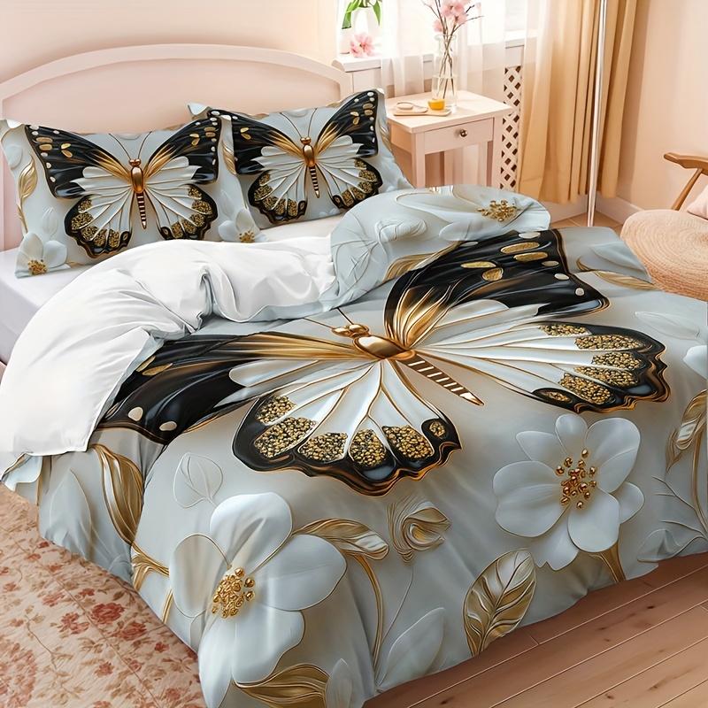 3Pcs Butterfly Embossed 3D Flower Duvet Cover Set, HD Printing Soft Bedding with Pillowcases for Home Dorm Decor