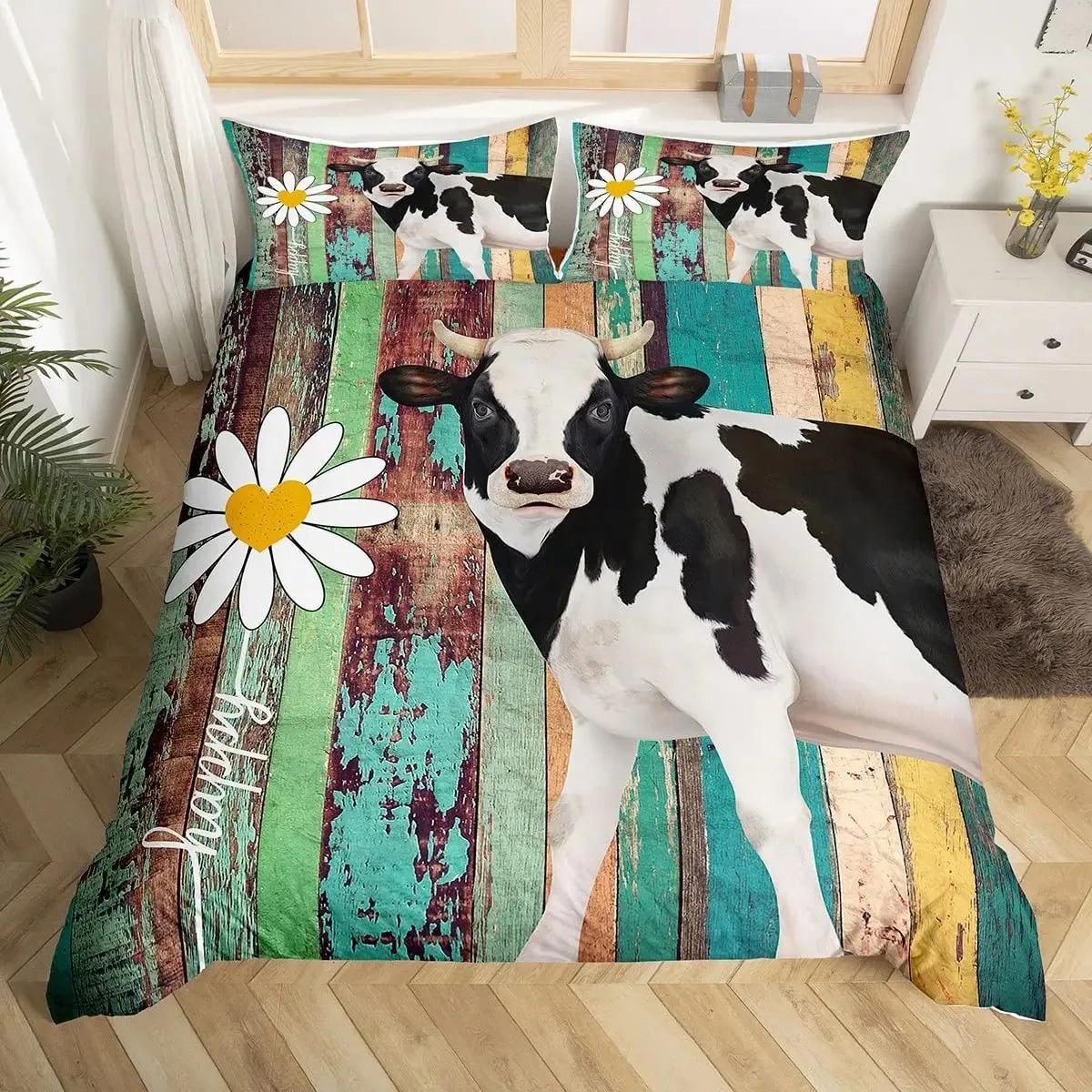 Kühe Bettbezug-Set Doppelgröße Milch Kuh Druck Bettdeckenbezug Bauernhoftier Thema Bettwäsche-Set Raumdekor, Karierter Bettbezug 70x133cm