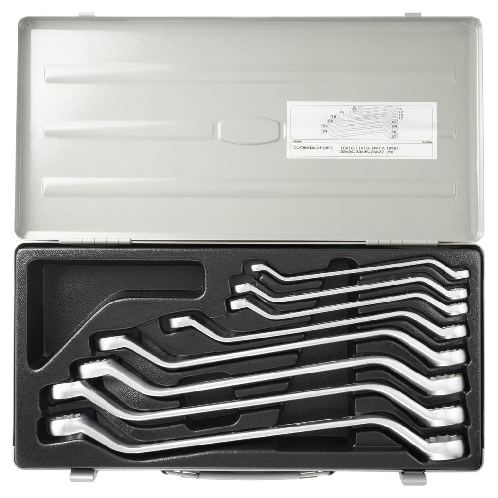 TONE Long Open End Wrench Set 8 (45°), 2800M, Silver, Pieces, Widths 8-27mm