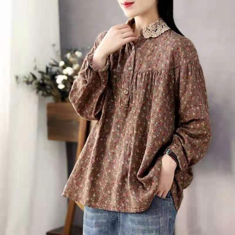 Vintage Floral Print Cotton Linen Blouse for Women Asian Size Long Sleeve Top Casual Lace Patchwork Collar Artistic Autumn Button Shirt