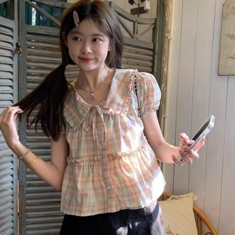 Colorful Checkered Women's Shirt Peter Pan Collar Bow Tie Lace Up Ruffle Edge Pleated Puff Sleeves Blouse Summer New Version Sweet Female's Top