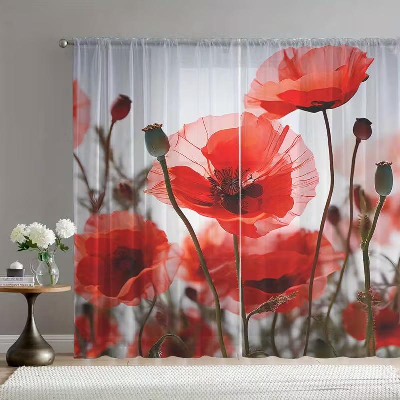 2 Pcs Red flowers print curtains,suitable for bedroom,living room kitchen decoration,home decoration,window decoration