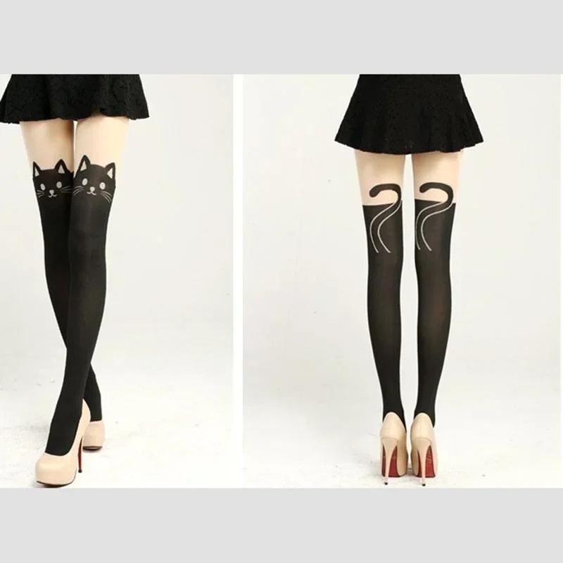 Fake Knee And Thigh Stockings, Cat Tail Splicing Design, Women'S Cartoon Cute Style Bottom Pantyhose