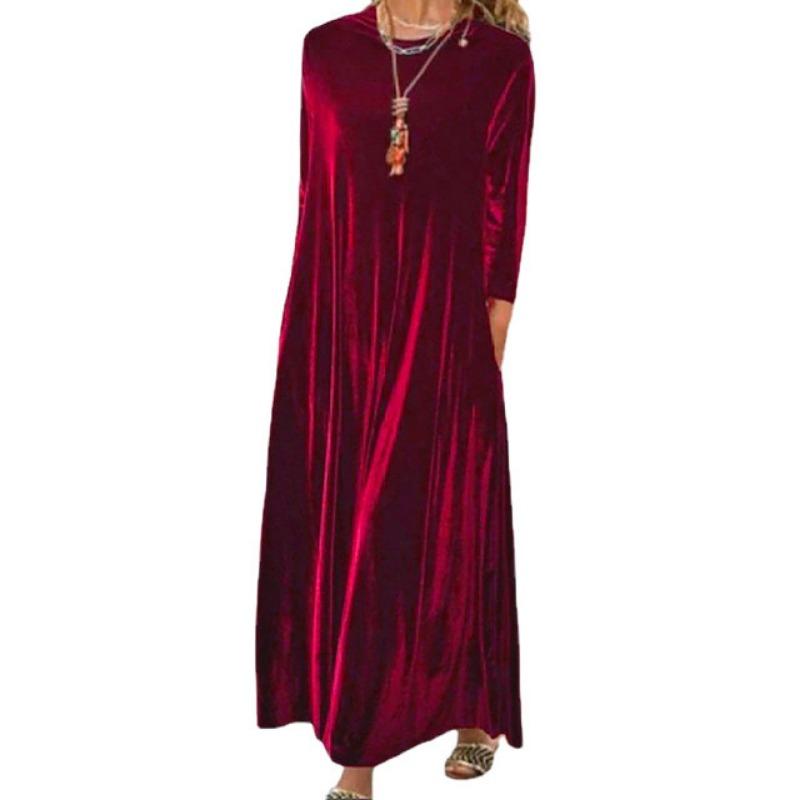 Women Casual Solid Velvet Round Neck Long Sleeve Loose Long A Line Dress