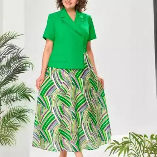 Women's 2024 Summer Green Short-Sleeved French-Spliced Dress