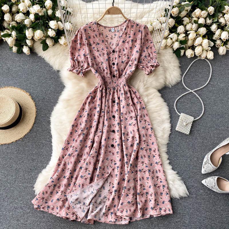 French-Style Retro Floral Dress with Puff Sleeves and Button-Up Slim Fit One Size