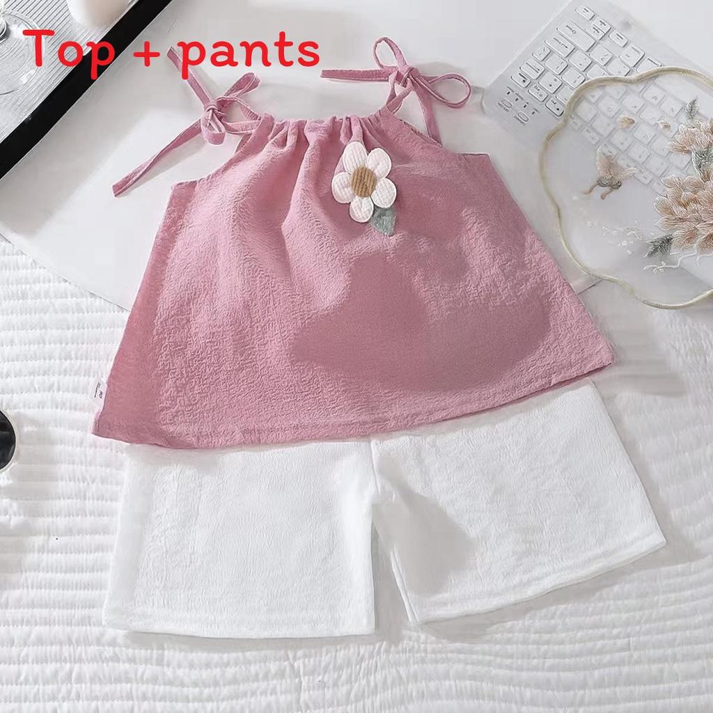 Summer Girl Floral Sleeveless Twopiece Set With Soft Polyester Fabric For Kids