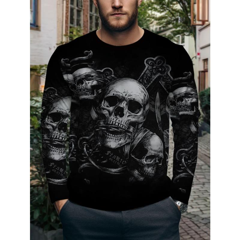 Herren Crew-Neck Langarm Totenkopf-Print Sweatshirt Mode Dunkles Lässiges Oberteil Trendige Streetwear Pullover