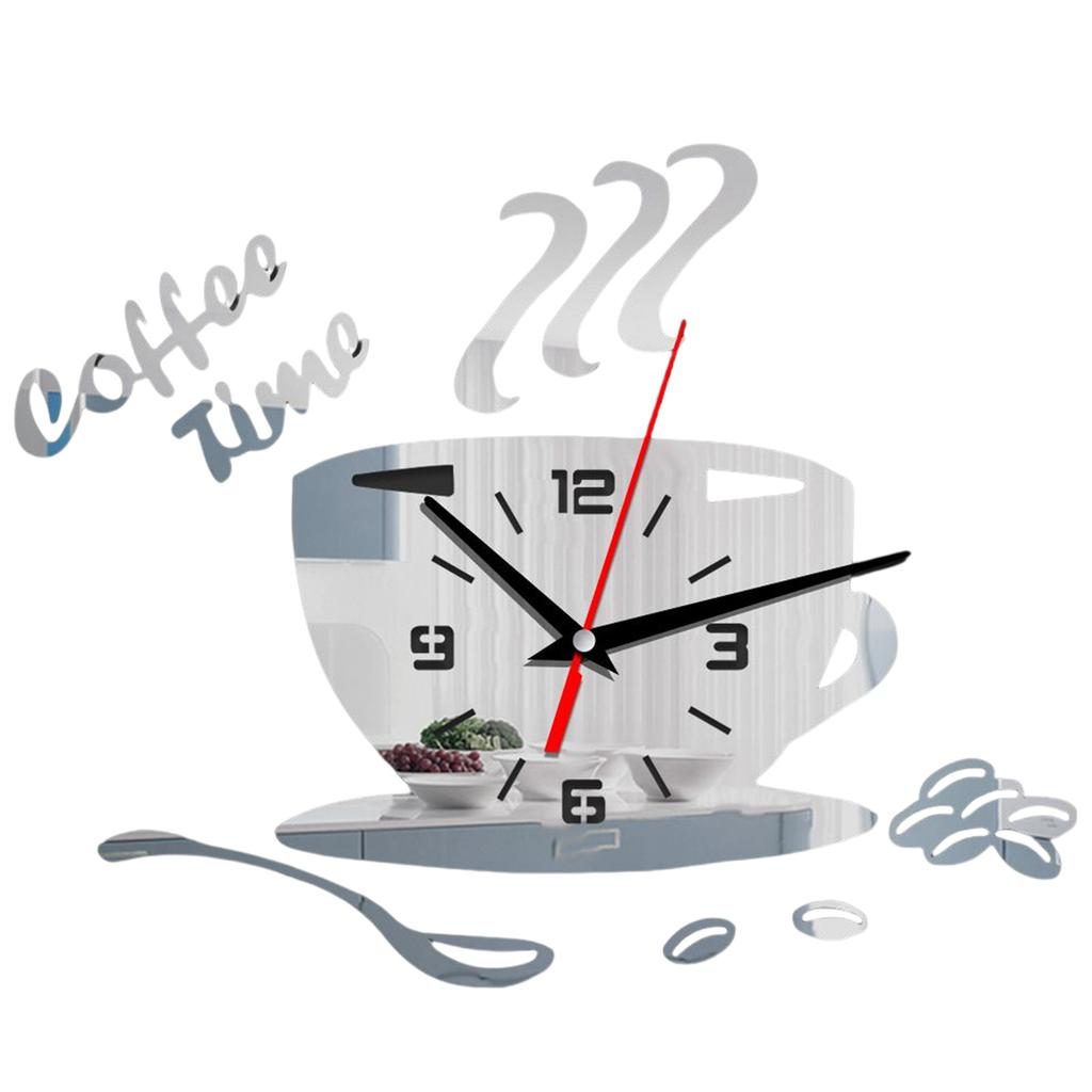 DIY Acrylic Mirror Wall Clock Coffee Cup Design Silent Home Decor