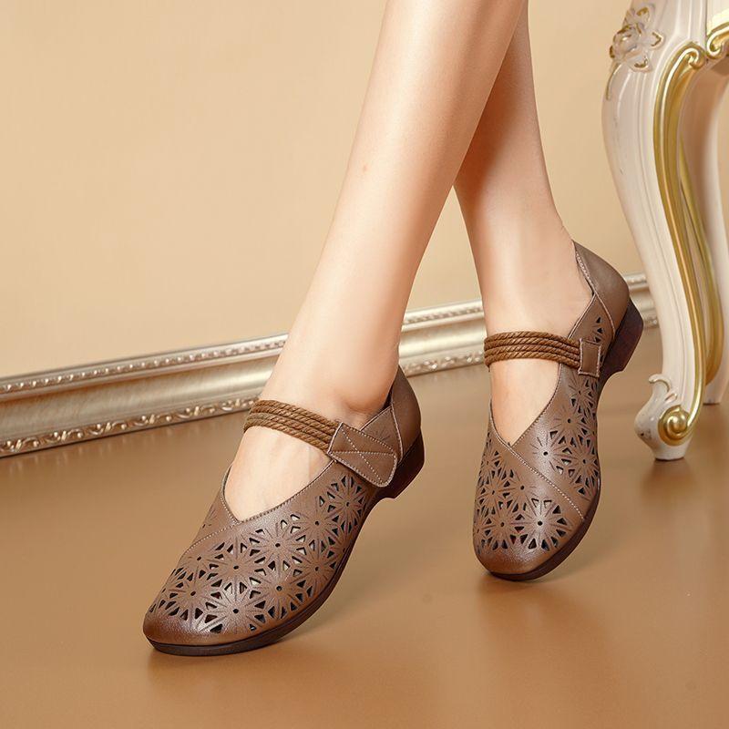 

Summer new breathable flat heel hollow sandals round head noble elegant retro upper foot comfortable women s shoes 40 темно-коричневого