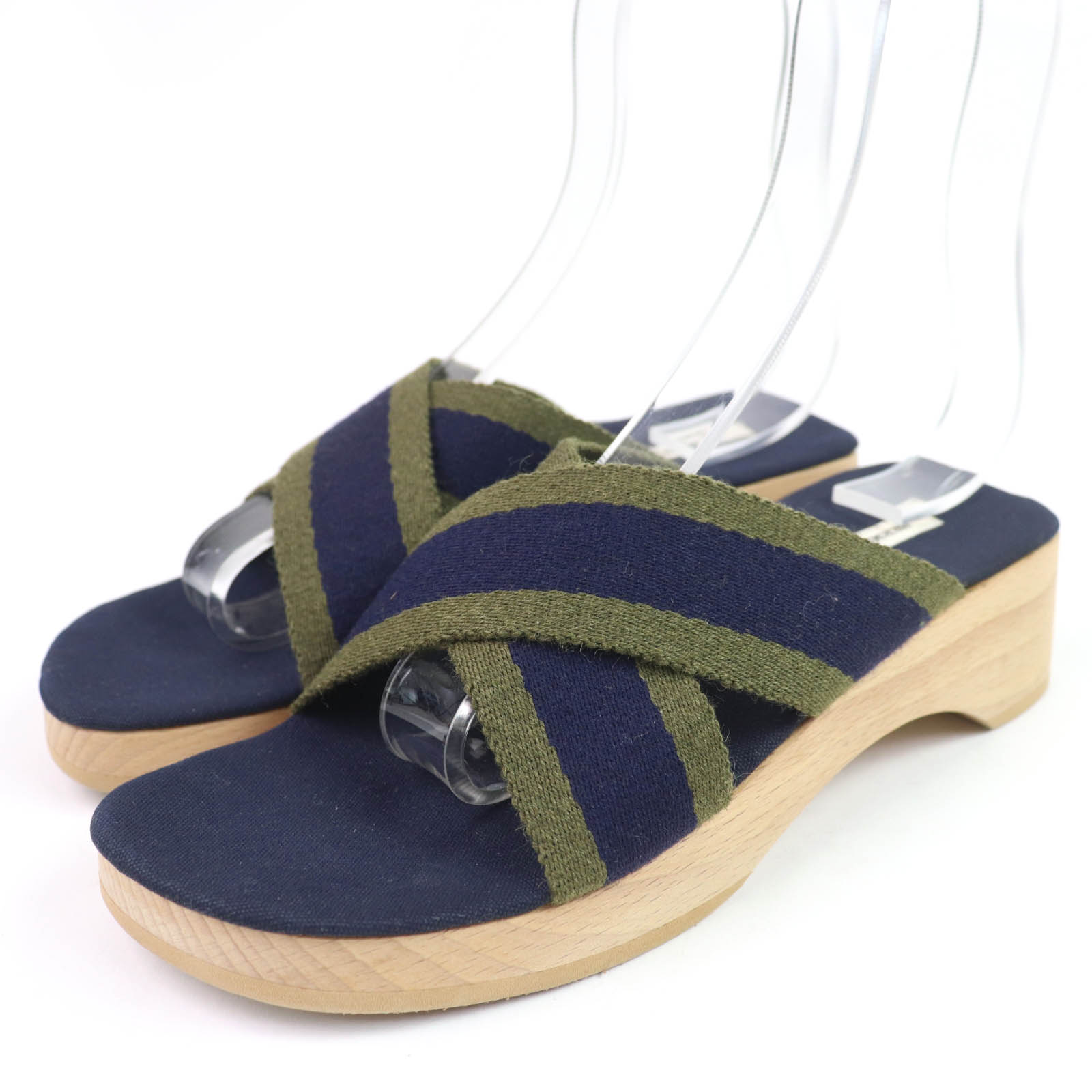 Hermes Сандалии Дурак Носок Холст Дерево Темно-синий холст Женщины 36 БУ 23900₽