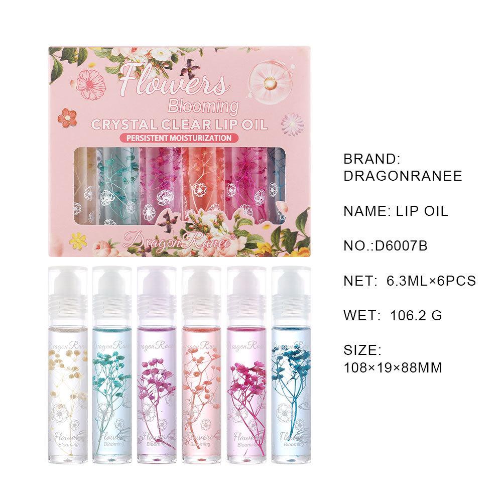 Dragon Ranee 6pcs Dried Flower Clear Lip Oil Set - Hydrating & Moisturizing, Rollerball Application, Autumn/Winter Essential