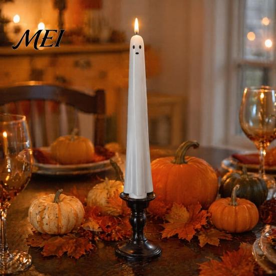 Décorations d'Halloween à piles Fantôme Bougies Coniques Sans Flamme, Lumière de Bougie Vacillante avec Veilleuses de Forme Unique Télécommande, Cire Véritable 3D
