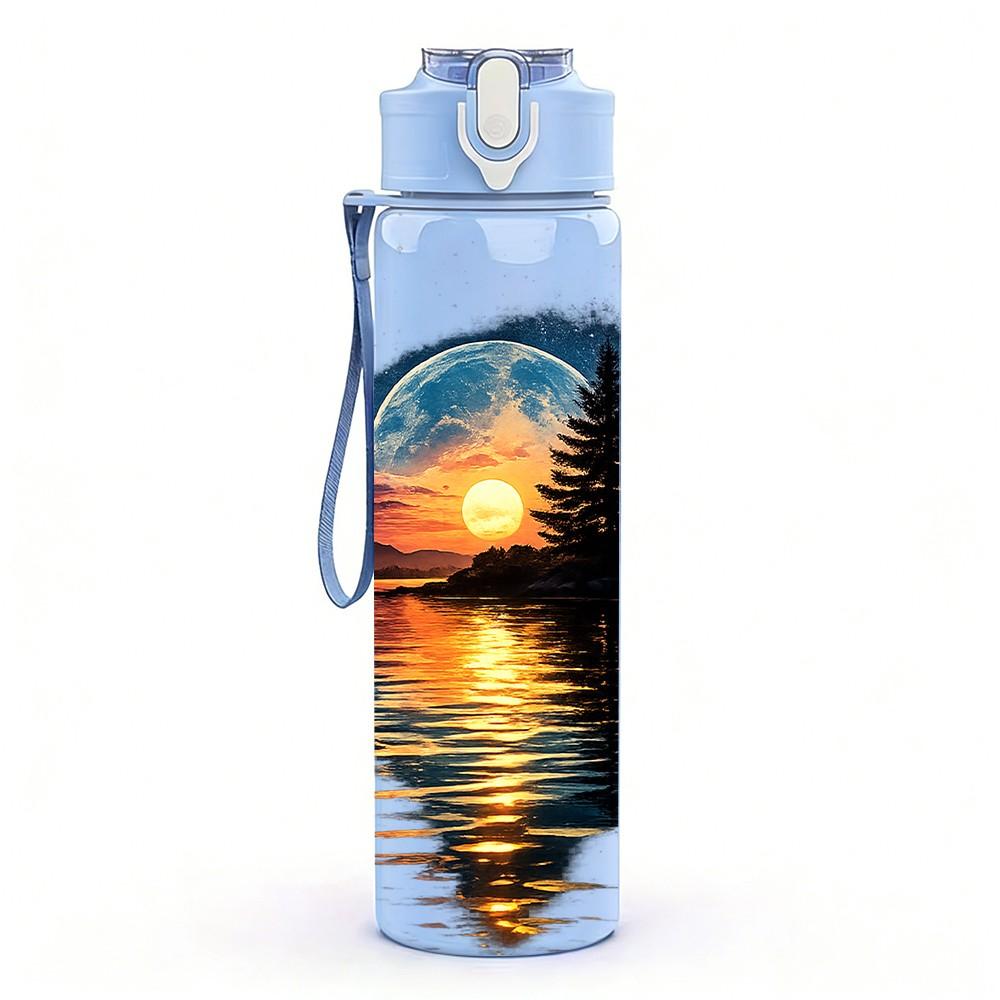 1PC Sunset Lake Mountain Reflection Print 750ml Color Plastic Sports Water Bottle Leakproof Flip Straw Lid Suitable for Sports Office Home Use