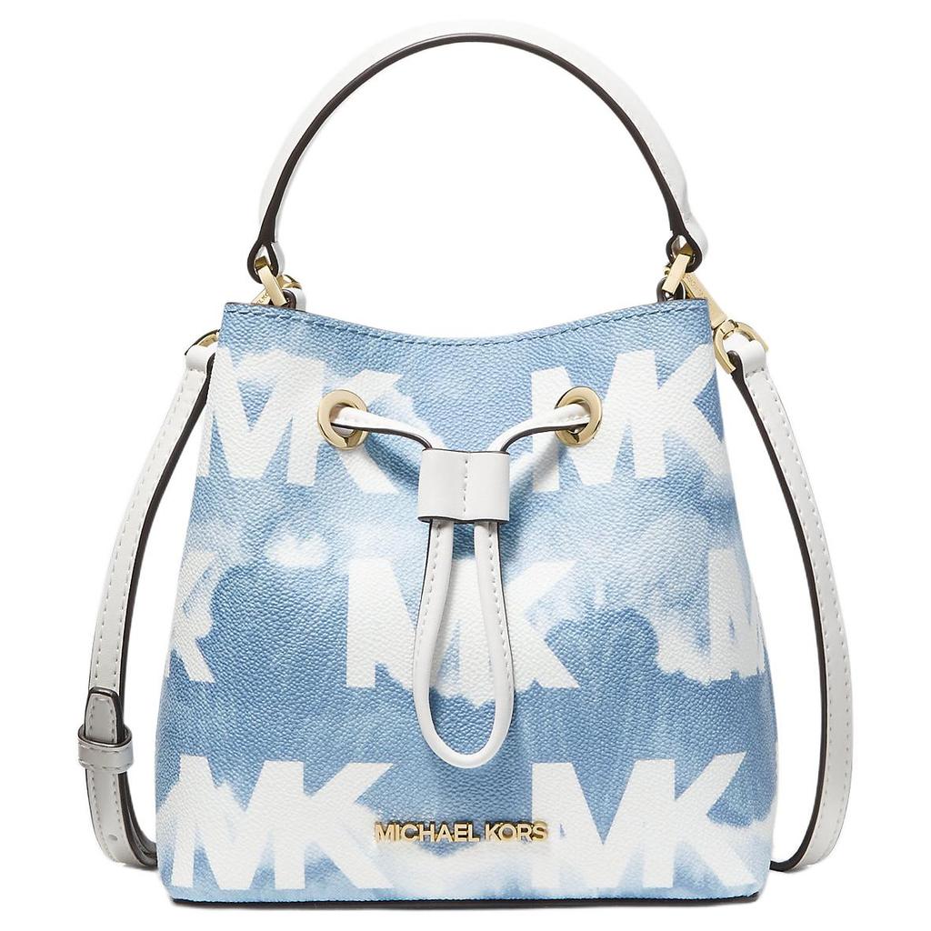 Michael Kors MK Suri Letter Logo Tie-Dye Drawstring Coated Canvas Polyester Bucket Bag Women Bags Sky-Blue 35T1GU2C5I-PALE-BLUE-MULTI