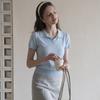 [Qiao Mi] Korean Shoulder Polo Shirt Women's Ice Silk Knitted Short-sleeved T-shirt Summer Small Lapel Top