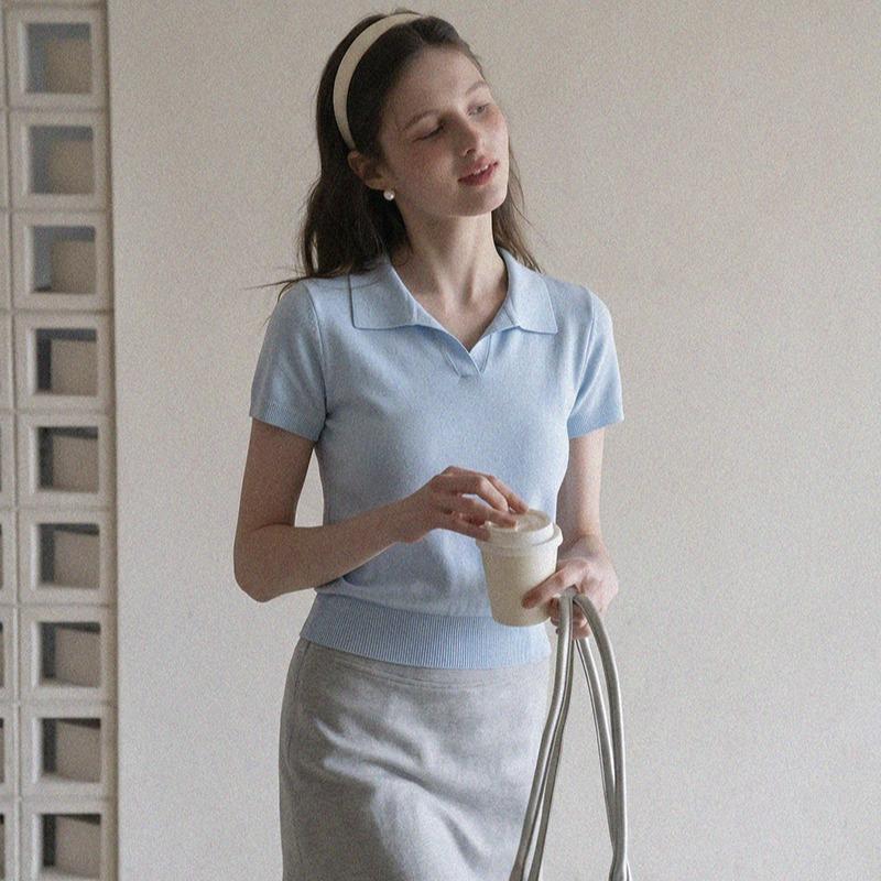 [Qiao Mi] Korean Shoulder Polo Shirt Women's Ice Silk Knitted Short-sleeved T-shirt Summer Small Lapel Top
