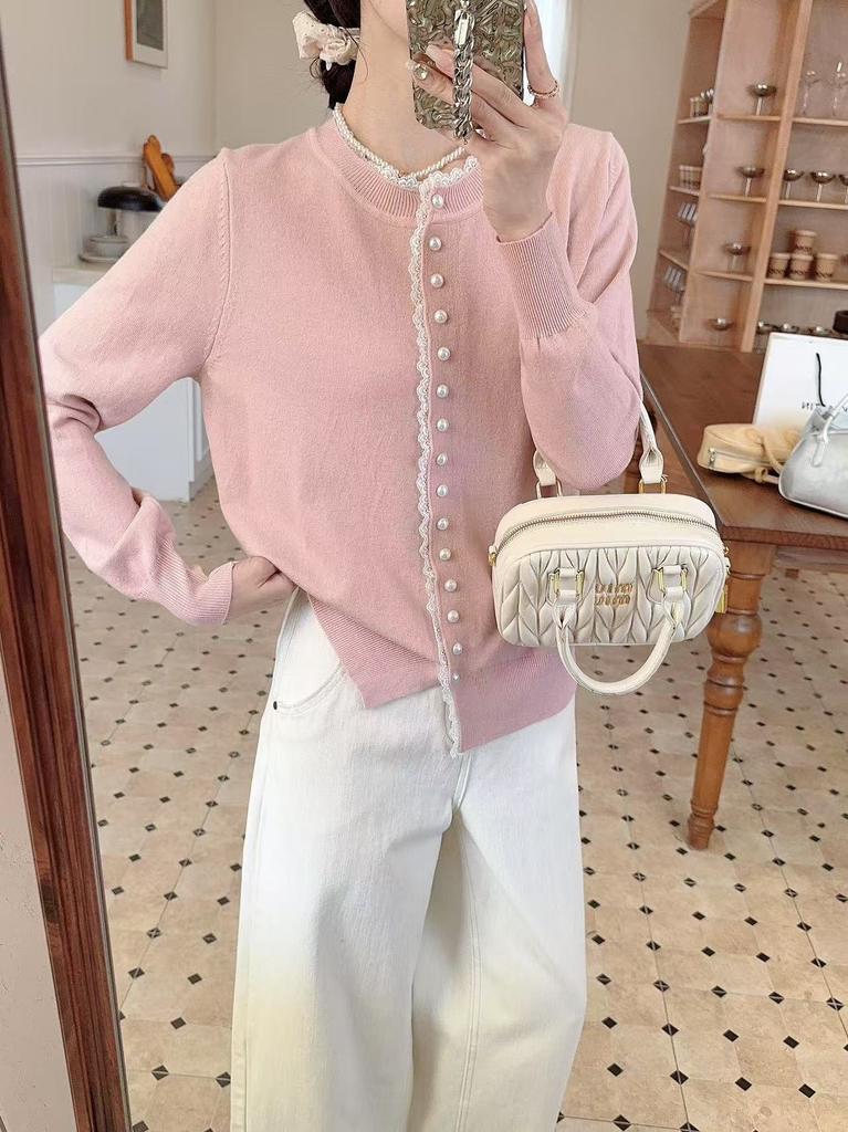 Lace Splicing Elegant Sweater Women Knit Cardigan Lace Trim Round Neck Buttons Jackets Sweet Long Sleeve Loose Fit Casual Sweaters 2026 Autumn Coats