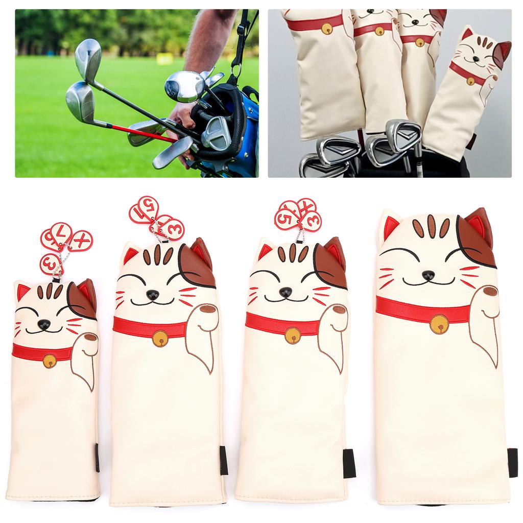 4pcs Waterproof PU Golf Headcovers Cute Cartoon Cat #1 #3 #5 UT Golf Club Protector