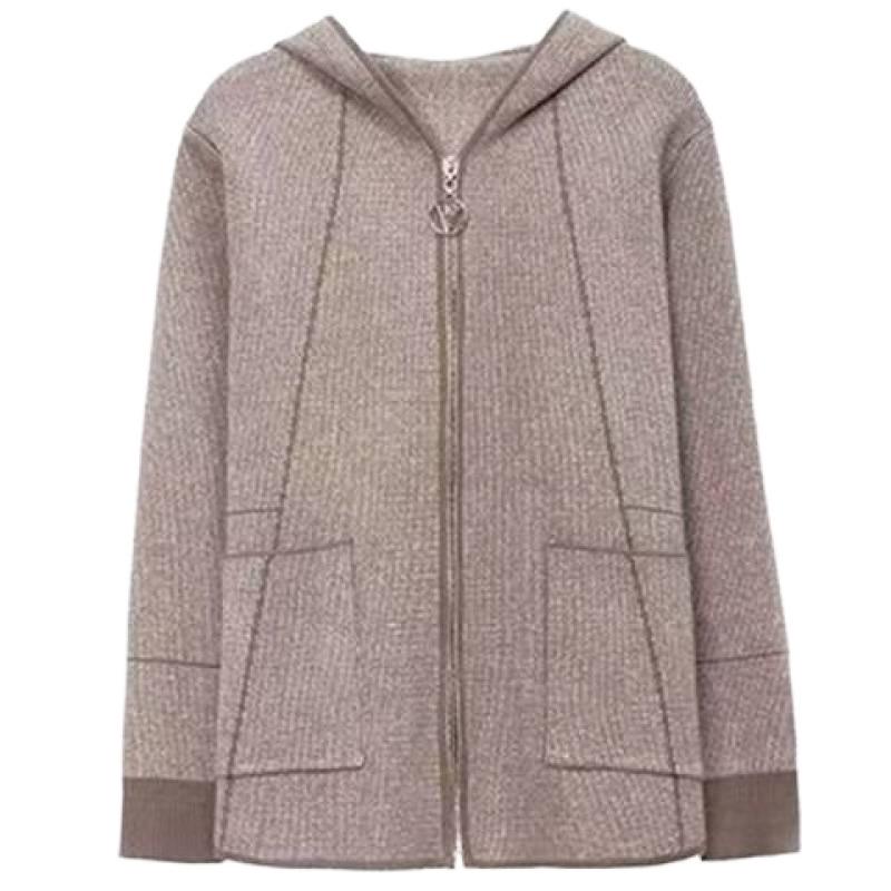 Mom's Spring & Autumn Hooded Wool Cardigan: 2025 Fashionable Short Knit Coat for Middle-Aged Women with Pockets.