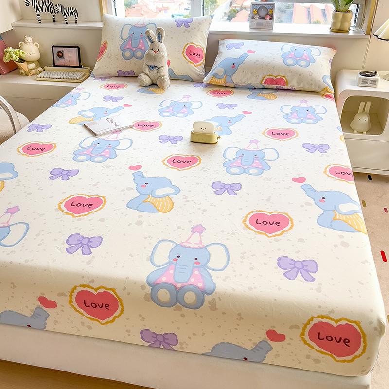 Cartoon Bed Sheets Set for Kids 100%Cotton Fitted Sheet with Elastic Band Cute Elephant Printed Bed Sheets for Single Bed King