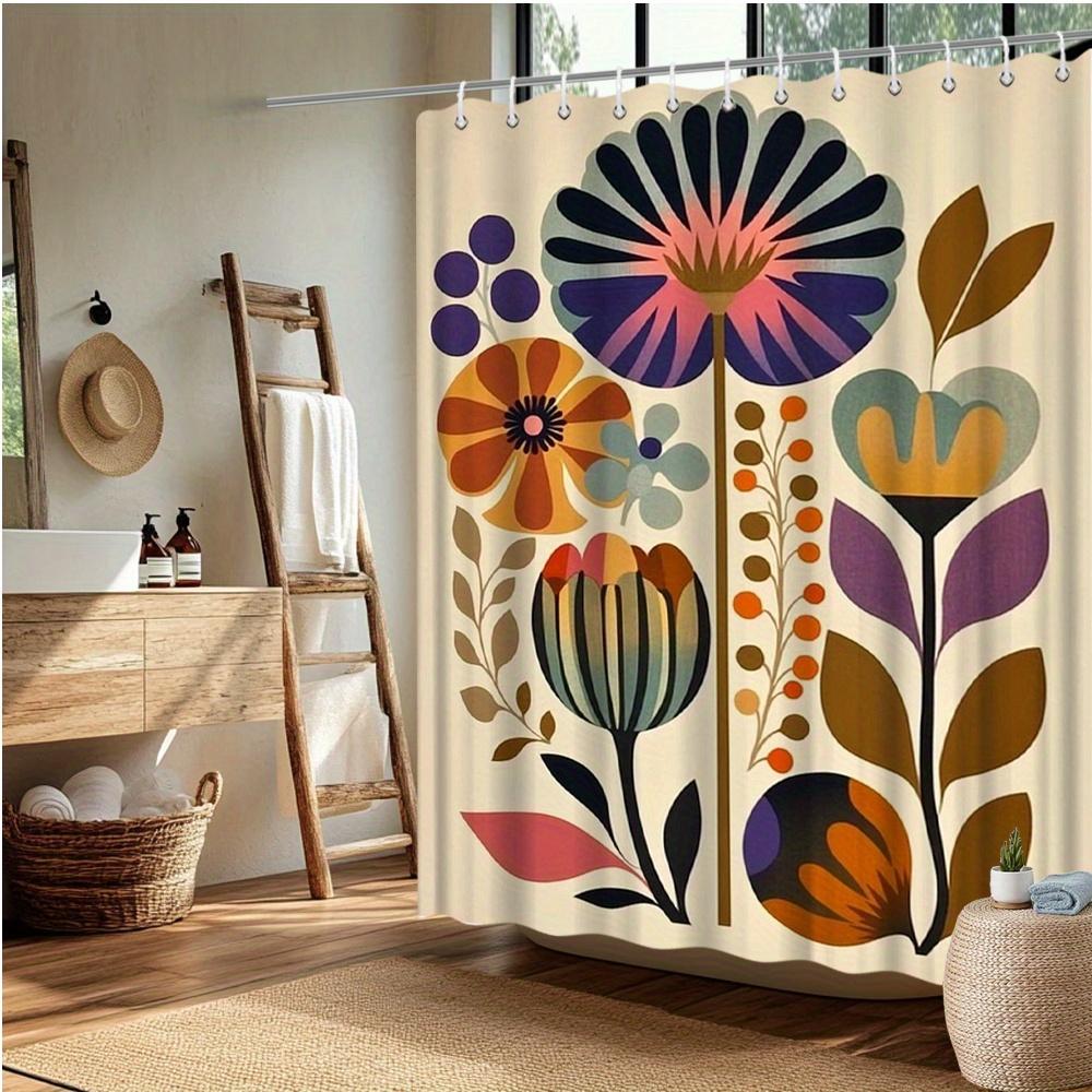 Mid-Century Modern Shower Curtain – Abstract Floral Art With Bold Colors, Retro Botanical Design Includes Hooks 70.8×70.8 Inches