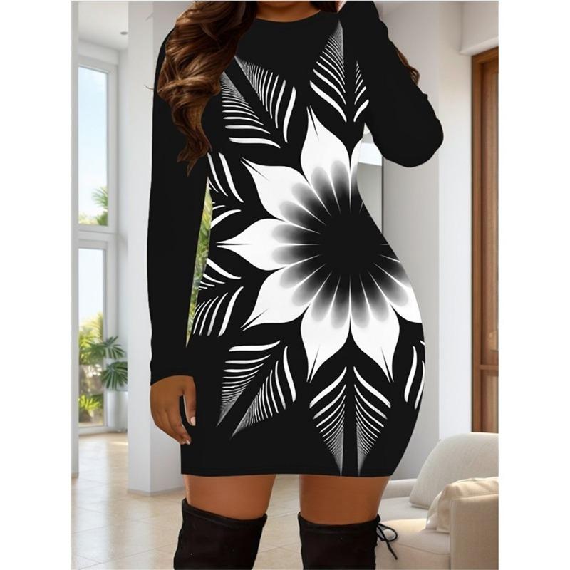 Long Sleeve Elegant Fashion Women Mini Dresses All Season 3D Printed Street Ladies Dress