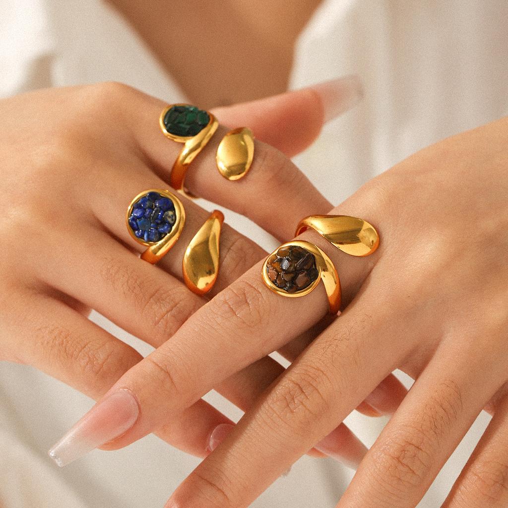 French vintage natural stone geometric ring, gold-plated jewelry, non-fading ring, minimalist high-end hand accessory