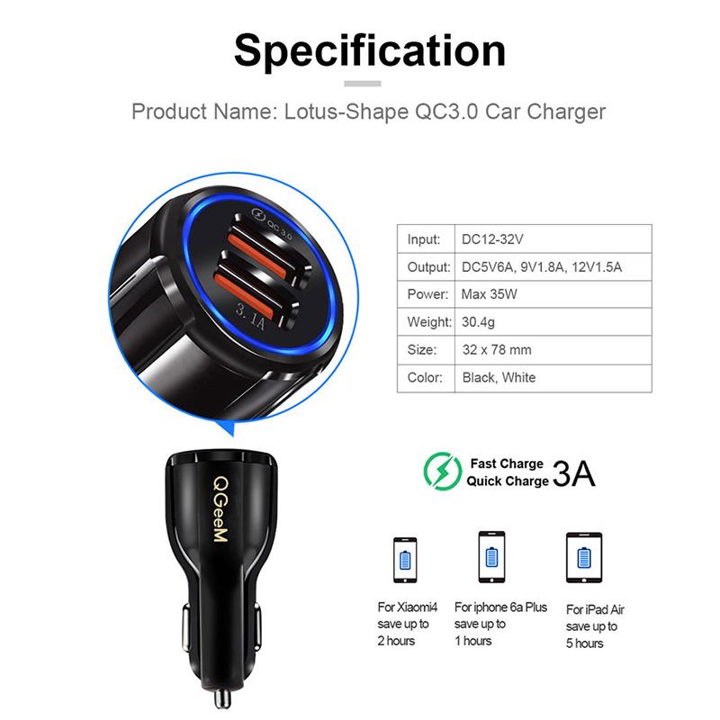 QGeeM Çift USB QC 3.0 Araç Şarj Cihazı Hızlı Şarj 3.0 Telefon Şarj Araba Hızlı Şarj Cihazı 2 Port USB Taşınabilir iPhone Şarj Cihazı Xiaomi