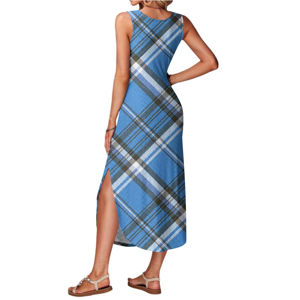 Women's Summer Long Dress, Sleeveless with Side Slits, Long Plaid Printed Vest Dress