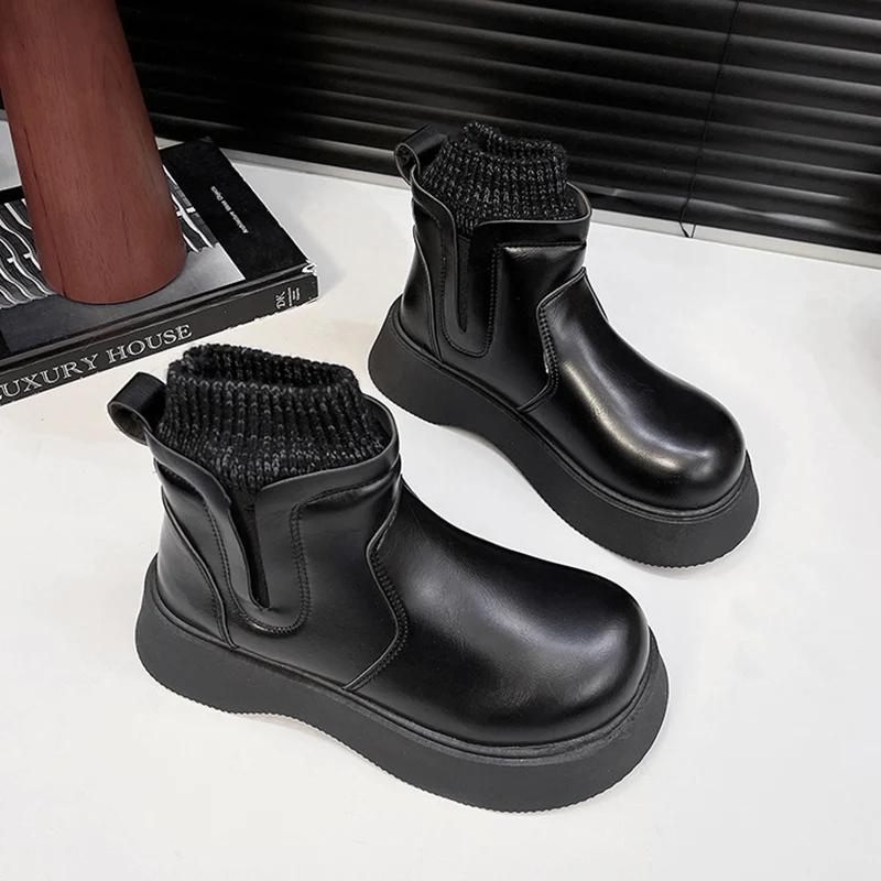 Platform Women Fur Ankle Snow Boots Flats Warm Winter Shoes Fashion Sport Walking Leather Shoes Short Plush Chelsea Boots