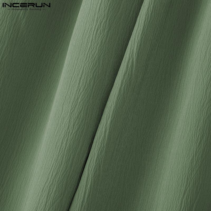 INCERUN  Vintage Men Drawstring Elastic Waist Solid Color Texture Irregular Cropped Loose Pants