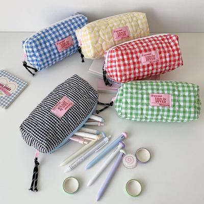 Cloth Korean Plaid Stationery Bag Pen Bag Pencil Pouch Plaid Heart Pencil Case  Stationery Holder