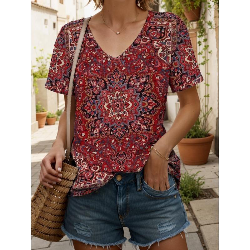 Ethnic Women's T-Shirt Vintage Graphics Fashion Short Sleeved V-Neck Regular Tops Daily Print Tee Summer Casual Tops