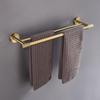 Luxury Brushed Gold Bathroom Accessory Set: Towel Rack, Bar, Paper Holder, Hook, Soap Dispenser.