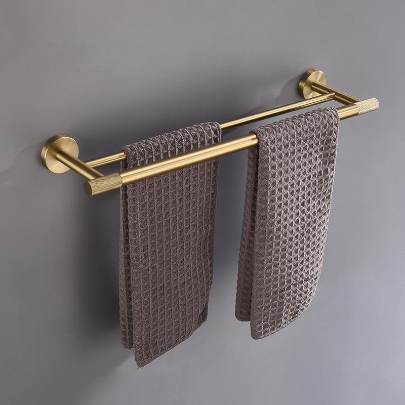 Luxury Brushed Gold Bathroom Accessory Set: Towel Rack, Bar, Paper Holder, Hook, Soap Dispenser.