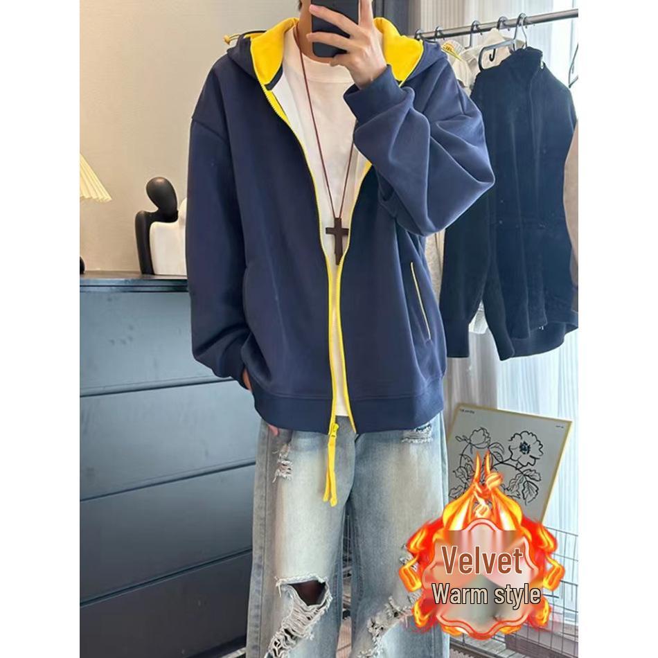 

Men s Autumn/Winter Color-Blocked Hooded Sweatshirt Cardigan - Cleanfit Heavyweight Jacket for Couples M темно-синього кольору