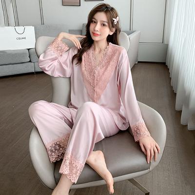 Ropa de Casa Sexy de Encaje con Cuello en V Traje de Pijama de Seda de Hielo para Mujer Pantalones de Manga Larga 2 Piezas Color Sólido Holgado Casual Ropa de Dormir