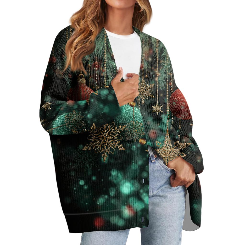 Women's Fashion Long Sleeve Print V-Neck Button Loose Cardigan Top