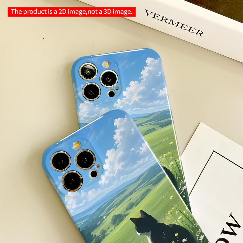 2DFlat Black-and-White Cat in Sunlit Meadow All inclusive film hard iPhone case, compatible with iPhone 18 Pro Max 17 16 15 14 13 12 11