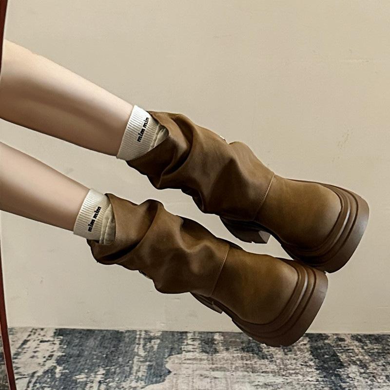 Maillard brown retro Martin boots women's 2025 new autumn and winter British style thick-soled pleated piled short boots